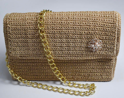 Handmade Gold Crochet Bag with Floral Brooch and Chain Strap