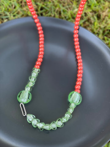 Coral Beaded and Green Beaded Necklace with Stainless Steel Clasp