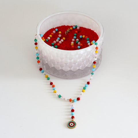 Colorful Rosary Necklace with Evil Eye Pendant