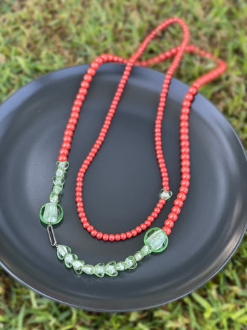 Coral Beaded Necklace with Green Heart Accent