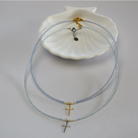 Stainless Steel Cross Necklace with Freshwater Pearls