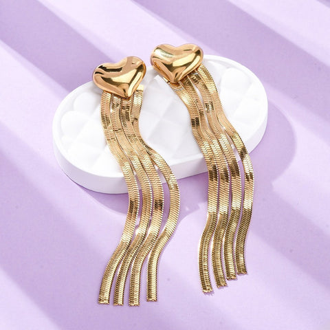 Gold Heart Tassel Drop Earrings – Stainless Steel