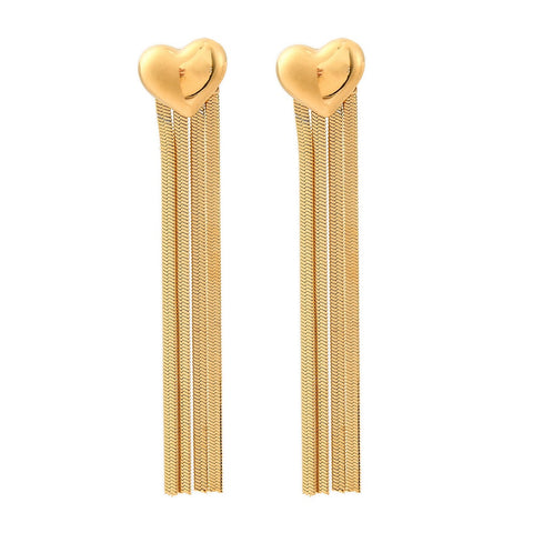 Gold Heart Tassel Drop Earrings – Stainless Steel