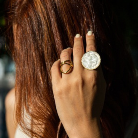 Bold Stainless Steel & Mother of Pearl Statement Ring