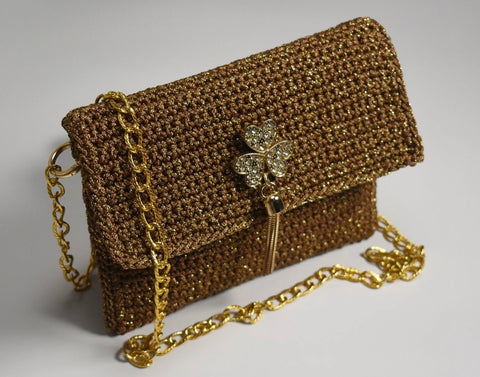 Handmade Brown Crochet Bag with Gold Clover Charm