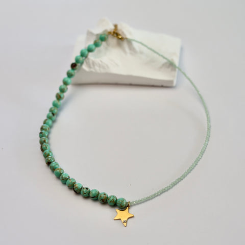 Stainless Steel Green Bead Necklace with Gold Star Charm