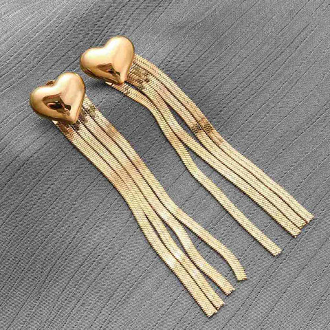 Gold Heart Tassel Drop Earrings – Stainless Steel