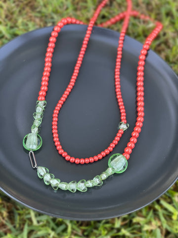 Coral Beaded Necklace with Green Heart Accent