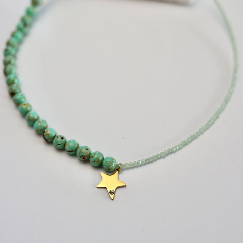 Stainless Steel Green Bead Necklace with Gold Star Charm