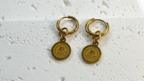 Stainless Steel Coin Charm Hoop Earrings