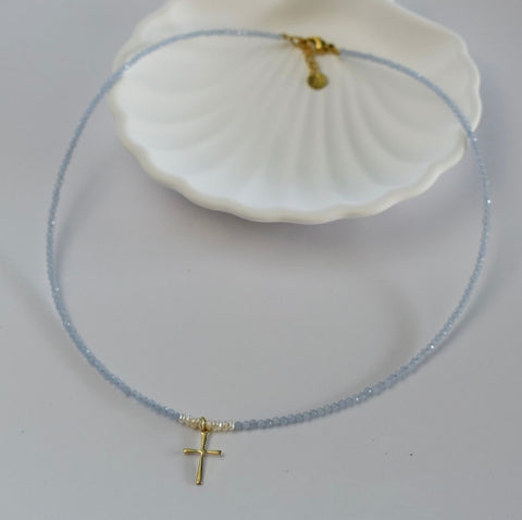 Stainless Steel Cross Necklace with Freshwater Pearls