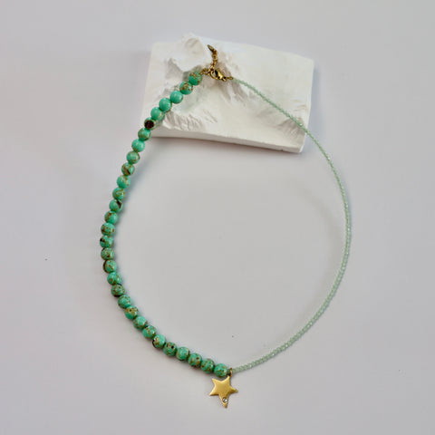 Stainless Steel Green Bead Necklace with Gold Star Charm