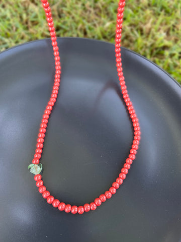 Coral Beaded Necklace with Green Heart Accent