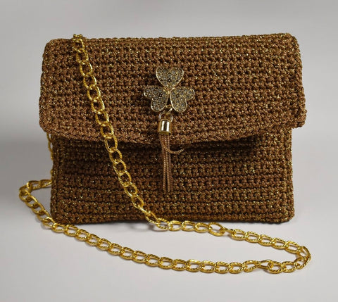 Handmade Brown Crochet Bag with Gold Clover Charm