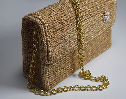 Handmade Gold Crochet Bag with Floral Brooch and Chain Strap