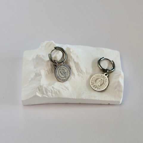 Stainless Steel Silver Coin Charm Hoop Earrings