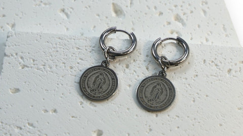 Stainless Steel Silver Coin Charm Hoop Earrings