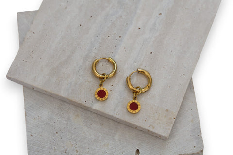 Elegant Red Accent Hoop Earrings - Stainless Steel