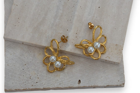 Floral Pearl Stainless Steel Statement Earrings